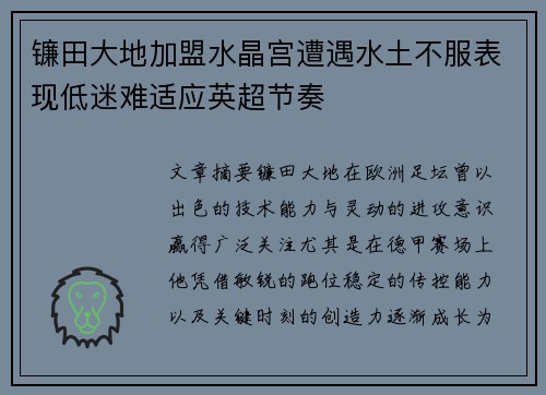 镰田大地加盟水晶宫遭遇水土不服表现低迷难适应英超节奏